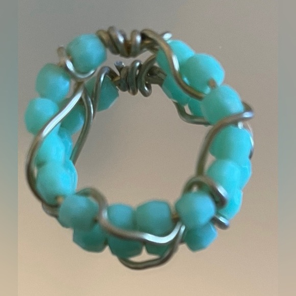 Handmade pastel teal ring wrapped in faux gold wire - Picture 2 of 3